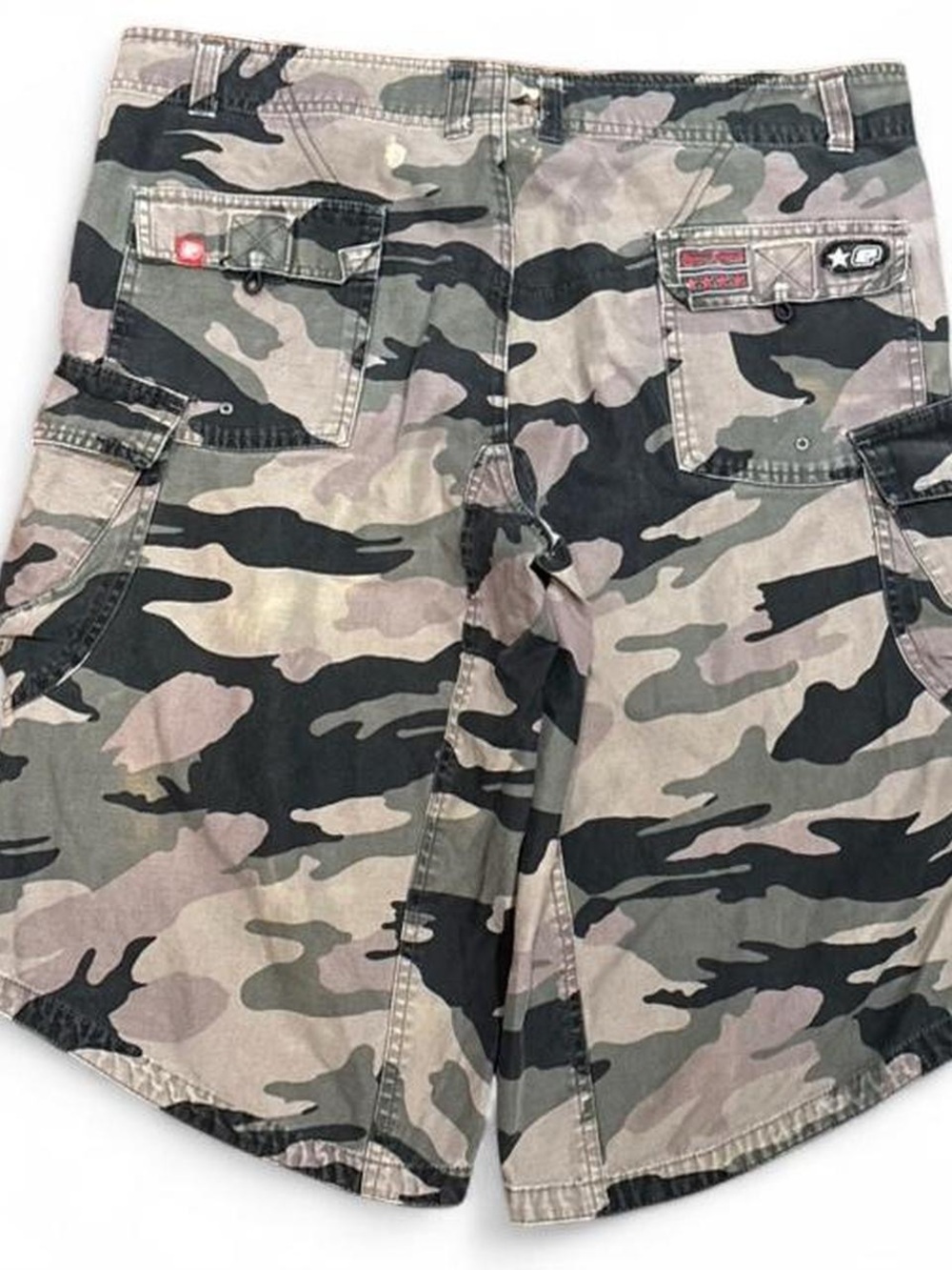 Y2K Eclipse Woodland Camo Patched Baggy Cargo Shorts